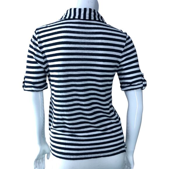 Chicos Womens Size 0 US 4 Small Polo Shirt Blue White Stripe Nautical 100% Linen - Picture 7 of 16